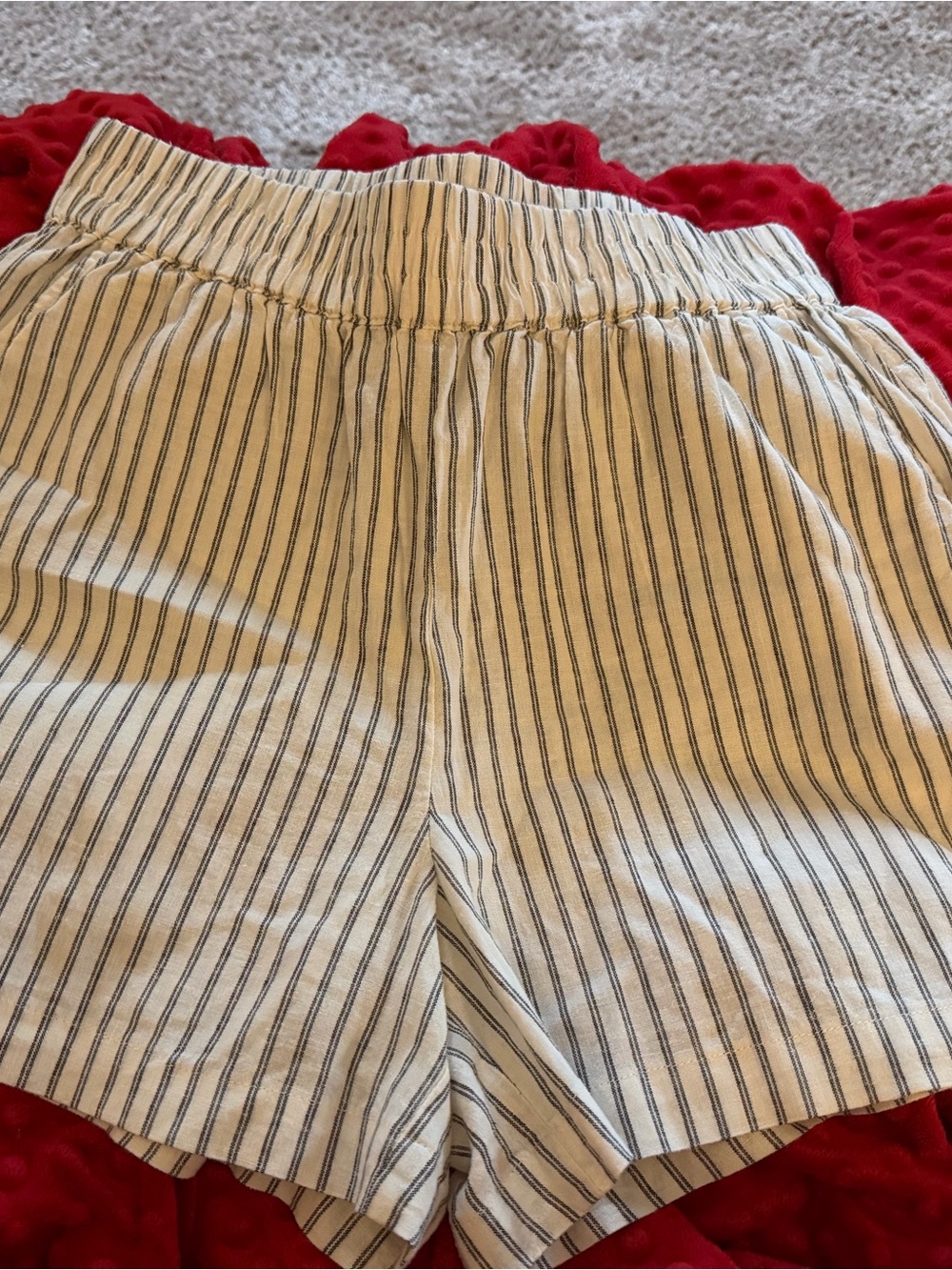 Marine Layer Cream High-Waist Striped Shorts with Navy Pinstripes